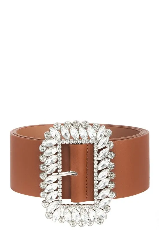 Cognac Vegan Crystal Buckle Belt