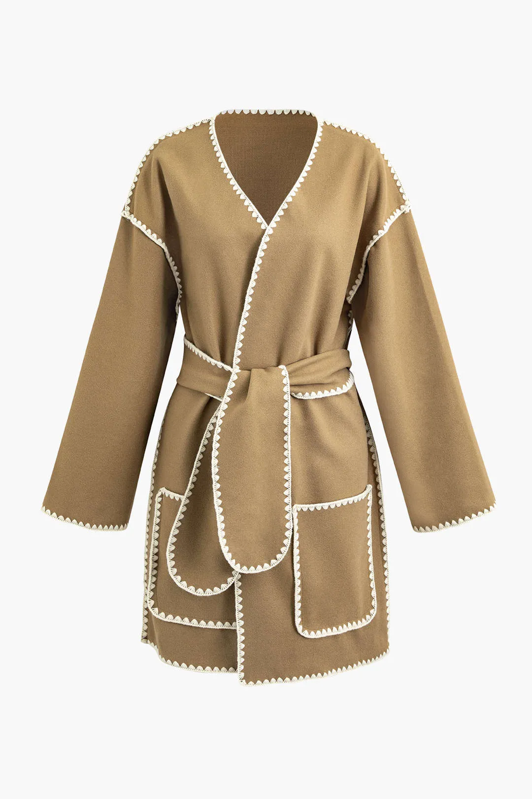 Contrast Trim V-neck Belted Pocket Coat