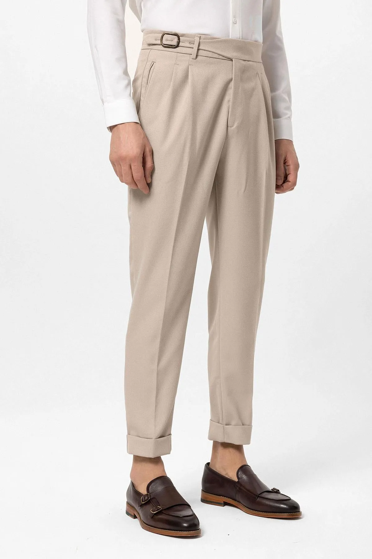 Cream High-Waisted Pleated Men's Trousers with Buckle Detail - Wessi