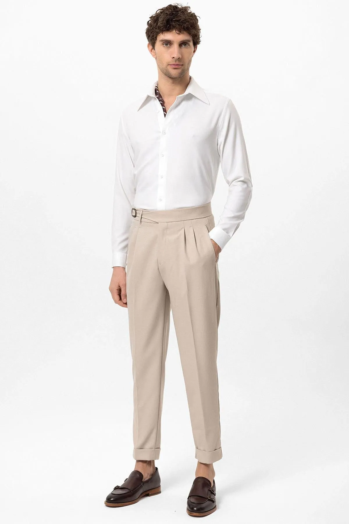 Cream High-Waisted Pleated Men's Trousers with Buckle Detail - Wessi