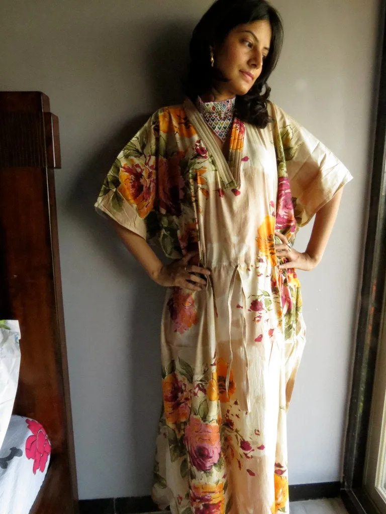 Cream Large Floral Blossom V-Neck, Ankle Length, Cinched Waist Caftan