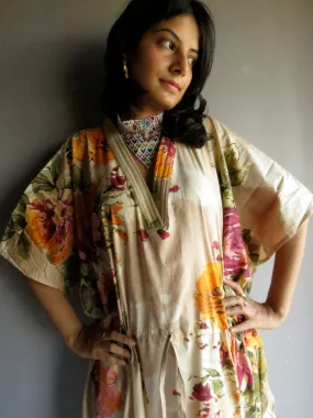 Cream Large Floral Blossom V-Neck, Ankle Length, Cinched Waist Caftan