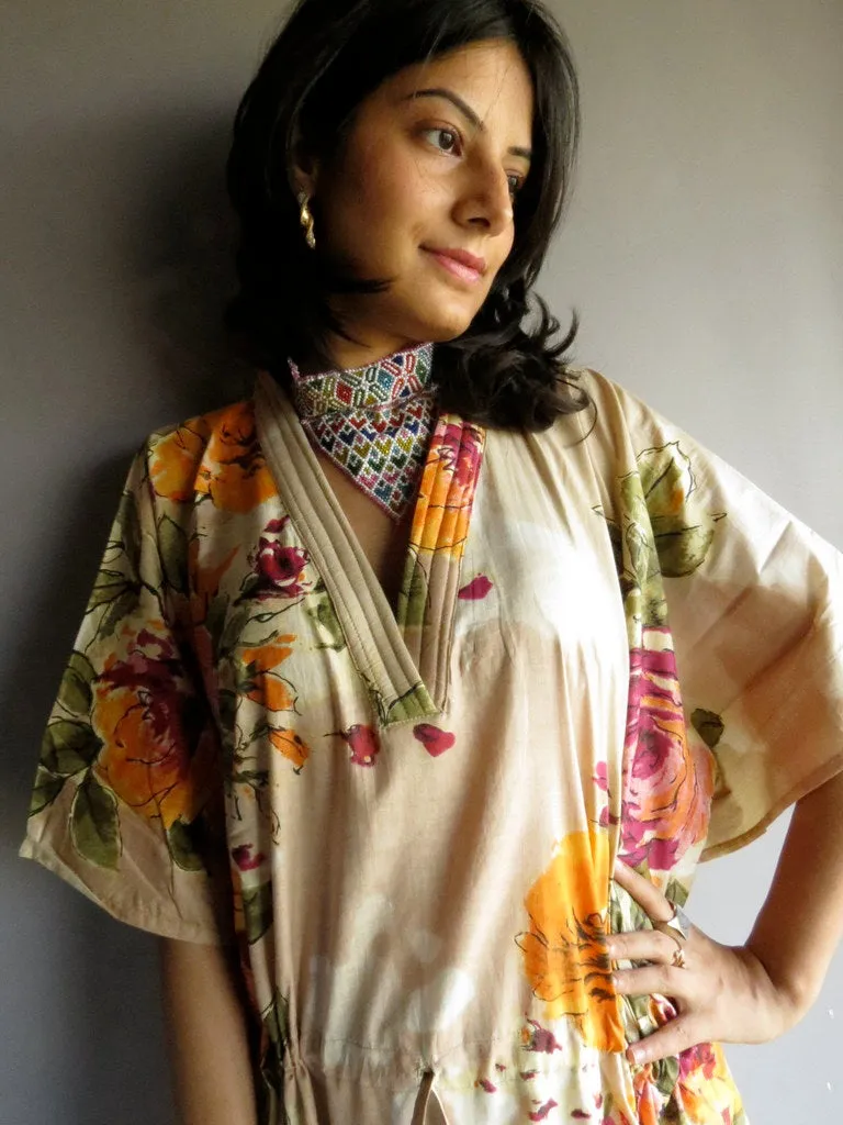 Cream Large Floral Blossom V-Neck, Ankle Length, Cinched Waist Caftan