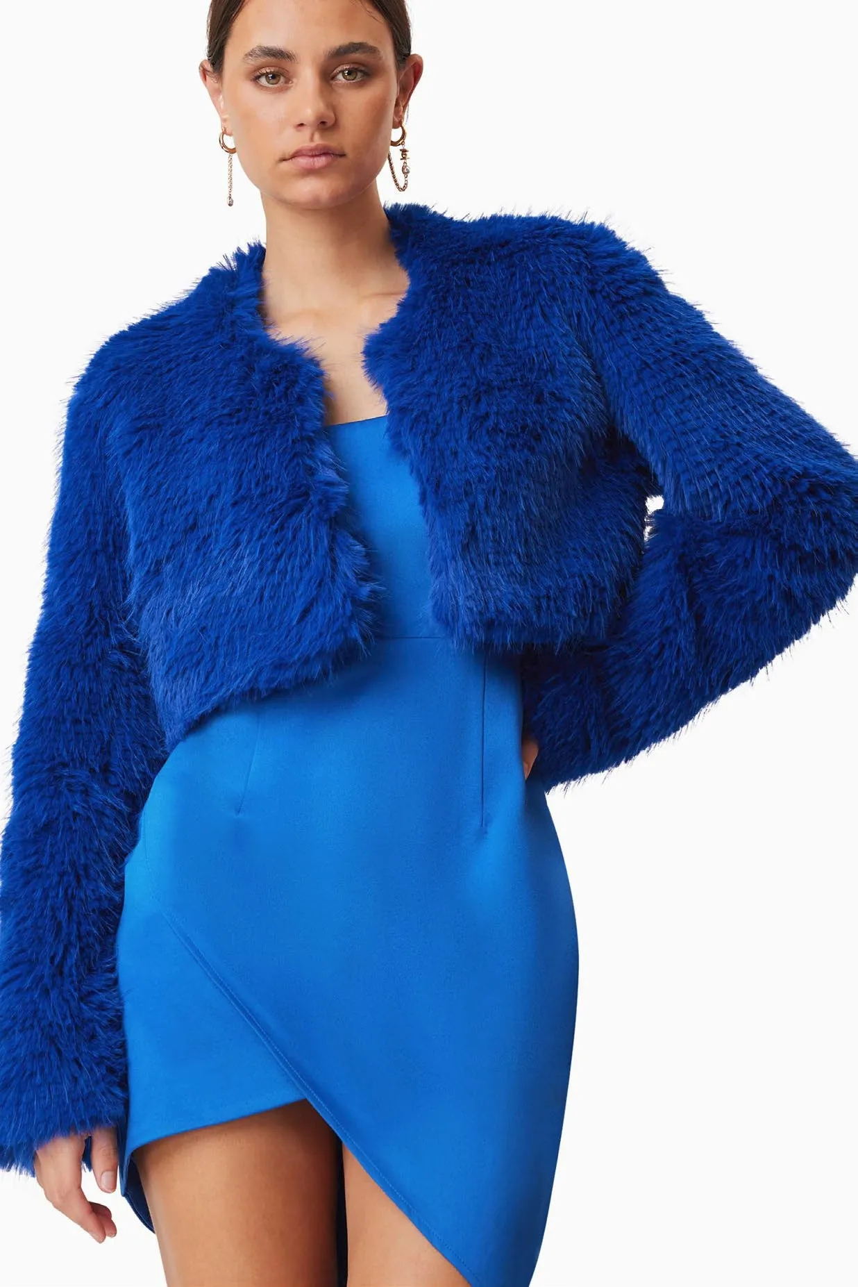 Cropped Faux Fur Jacket - Cobalt Blue