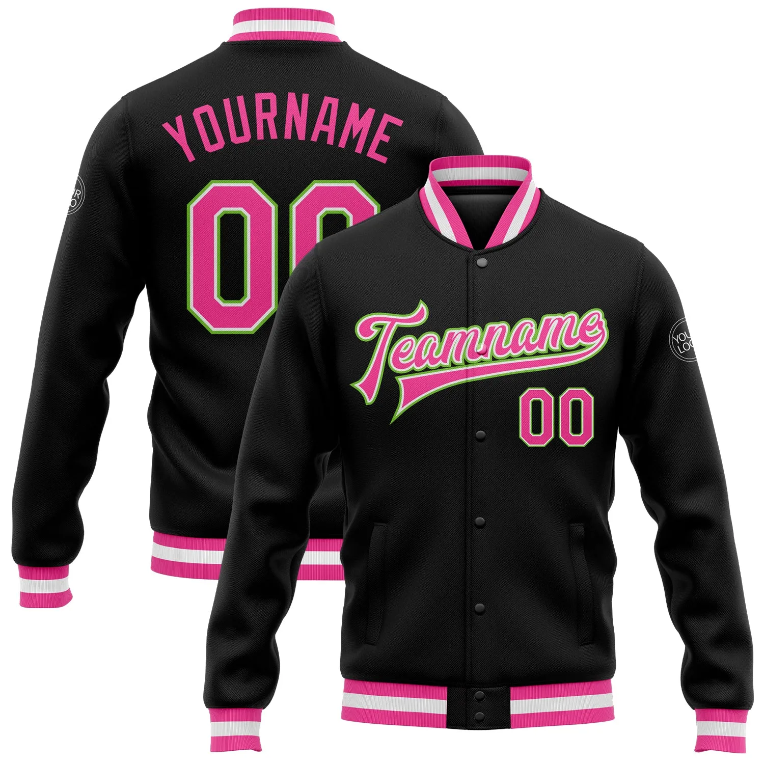 Custom Black Pink-Neon Green Bomber Full-Snap Varsity Letterman Jacket