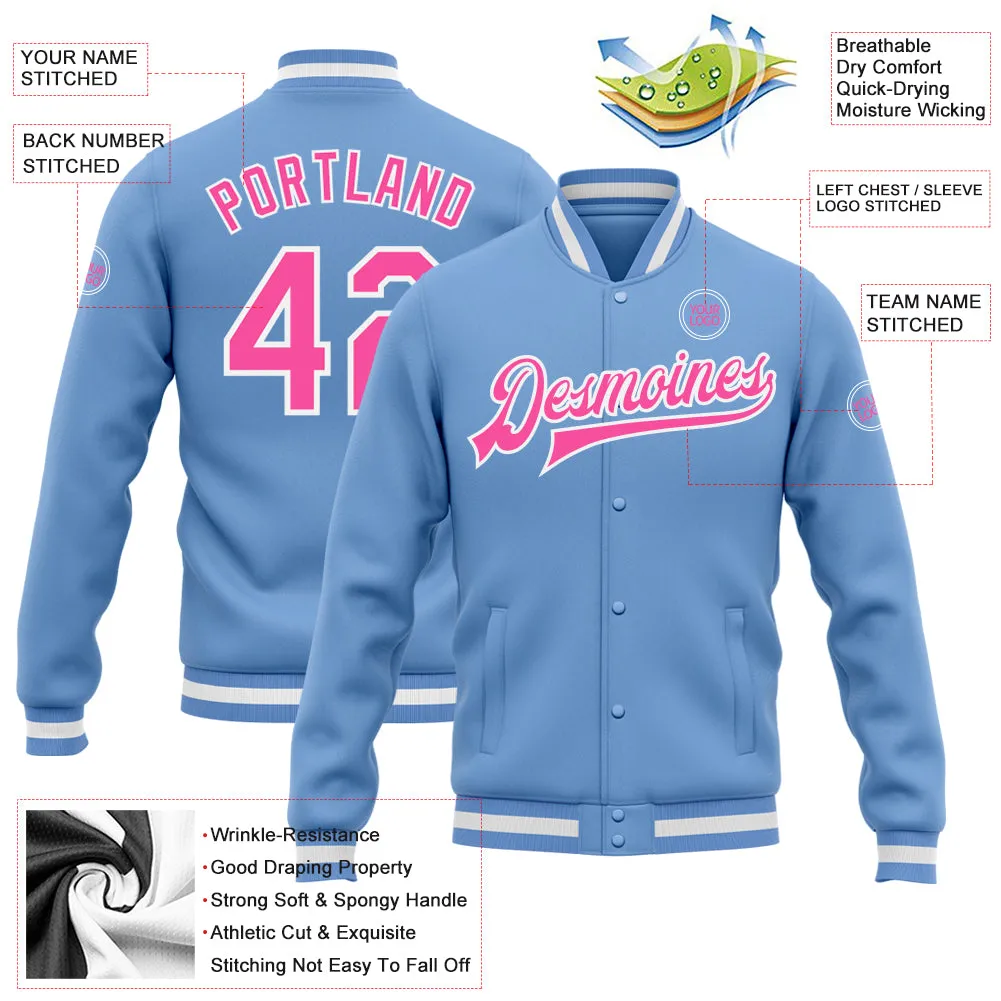 Custom Light Blue Pink-White Bomber Full-Snap Varsity Letterman Jacket