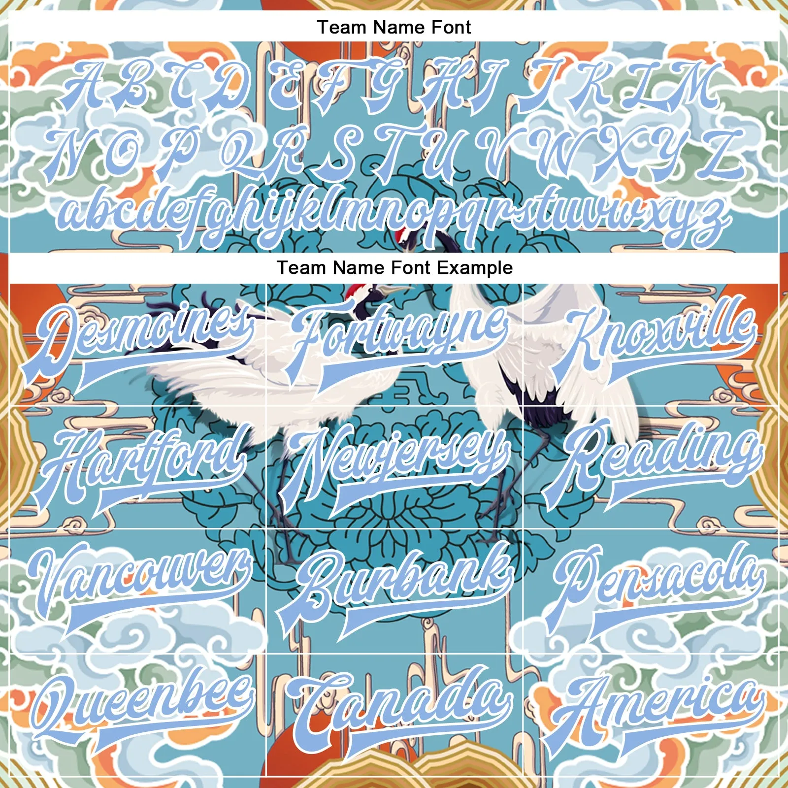 Custom Light Blue White Heron And Cloud 3D Pattern Design Bomber Full-Snap Varsity Letterman Jacket