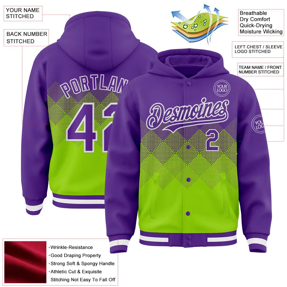 Custom Purple Neon Green-White Gradient Square Shape 3D Pattern Design Bomber Full-Snap Varsity Letterman Hoodie Jacket