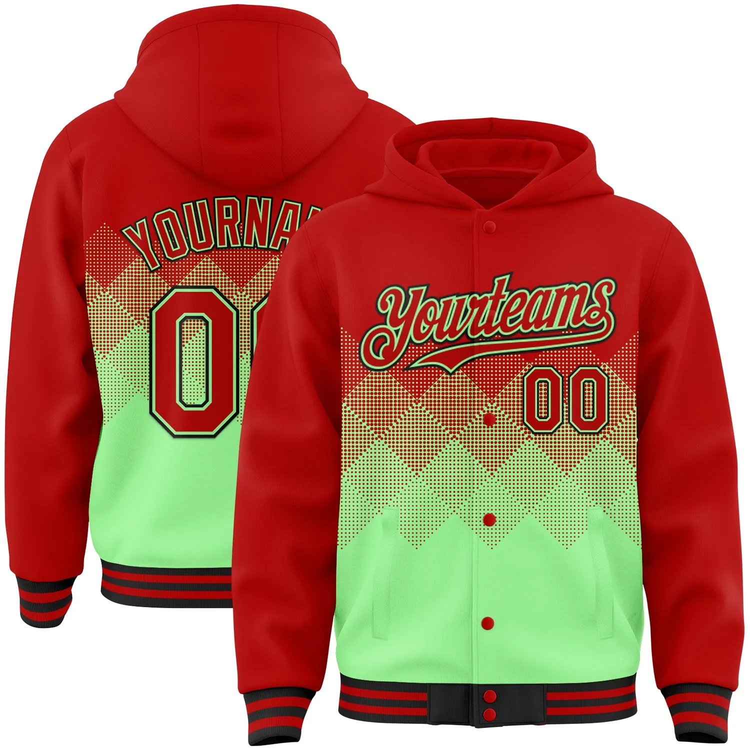 Custom Red Pea Green-Black Gradient Square Shape 3D Pattern Design Bomber Full-Snap Varsity Letterman Hoodie Jacket