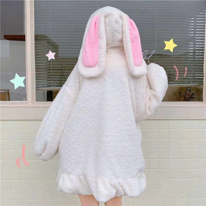 Cute Bunny Ears Faux Fur Teddy Coat Women Winter Lolita Kawaii Plush Hooded Jacket Female Warm White Fluffy Overcoat Outerwear