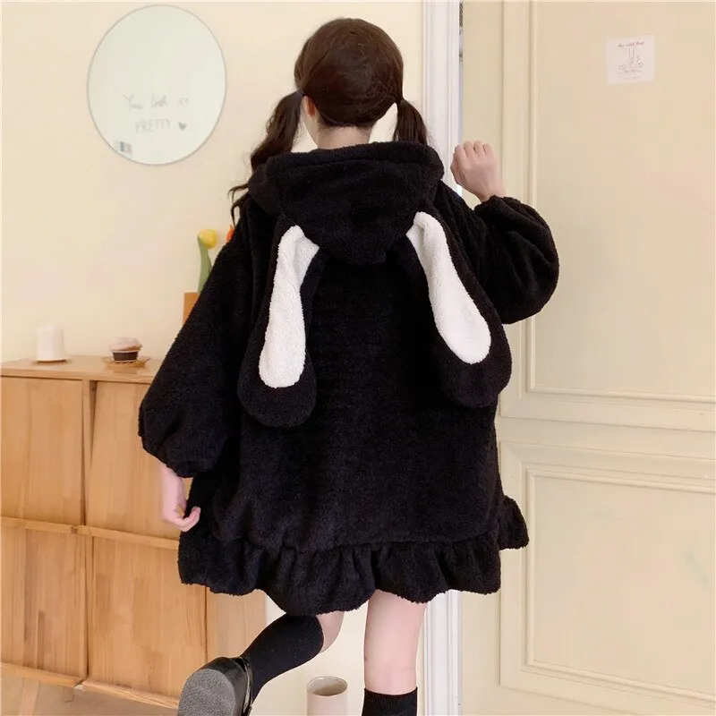 Cute Bunny Ears Faux Fur Teddy Coat Women Winter Lolita Kawaii Plush Hooded Jacket Female Warm White Fluffy Overcoat Outerwear