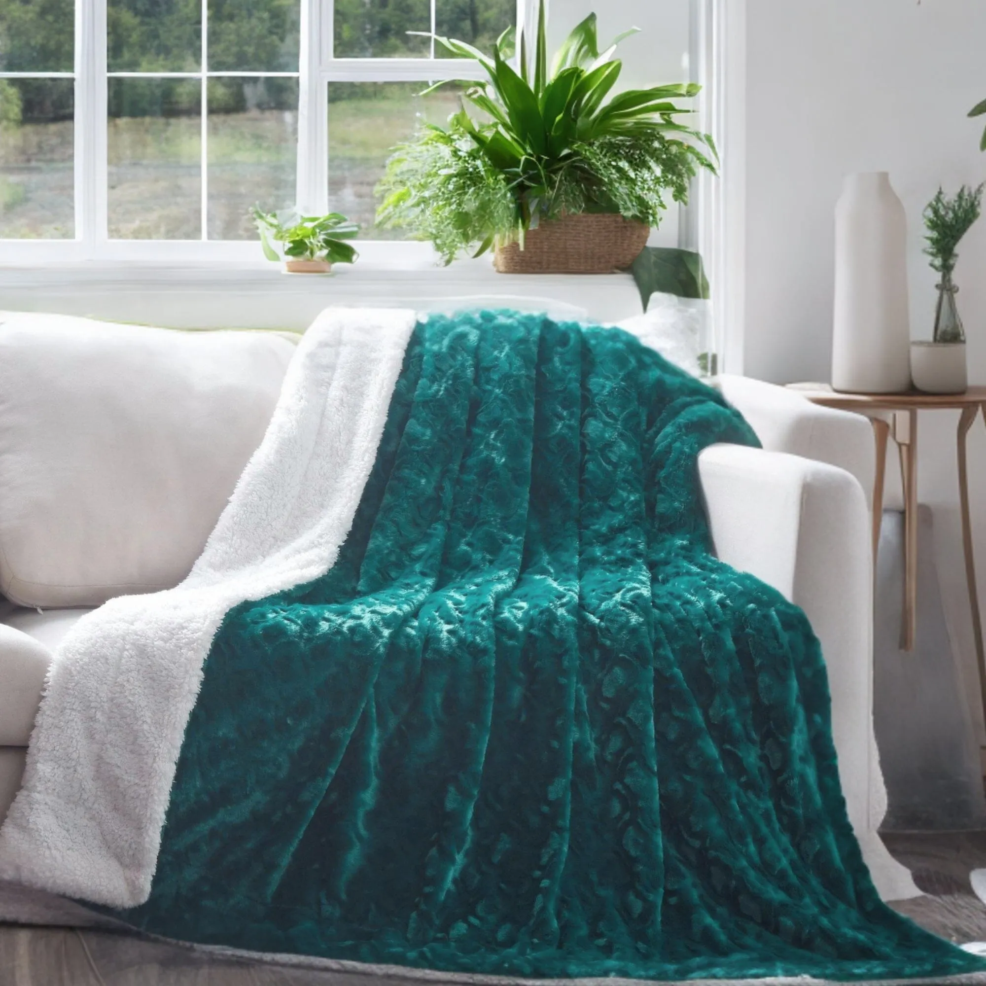 DaDa Bedding Mermaid Scales Emerald Green Blue w/ Sherpa Backside Faux Fur Throw Blanket (BL-171805)