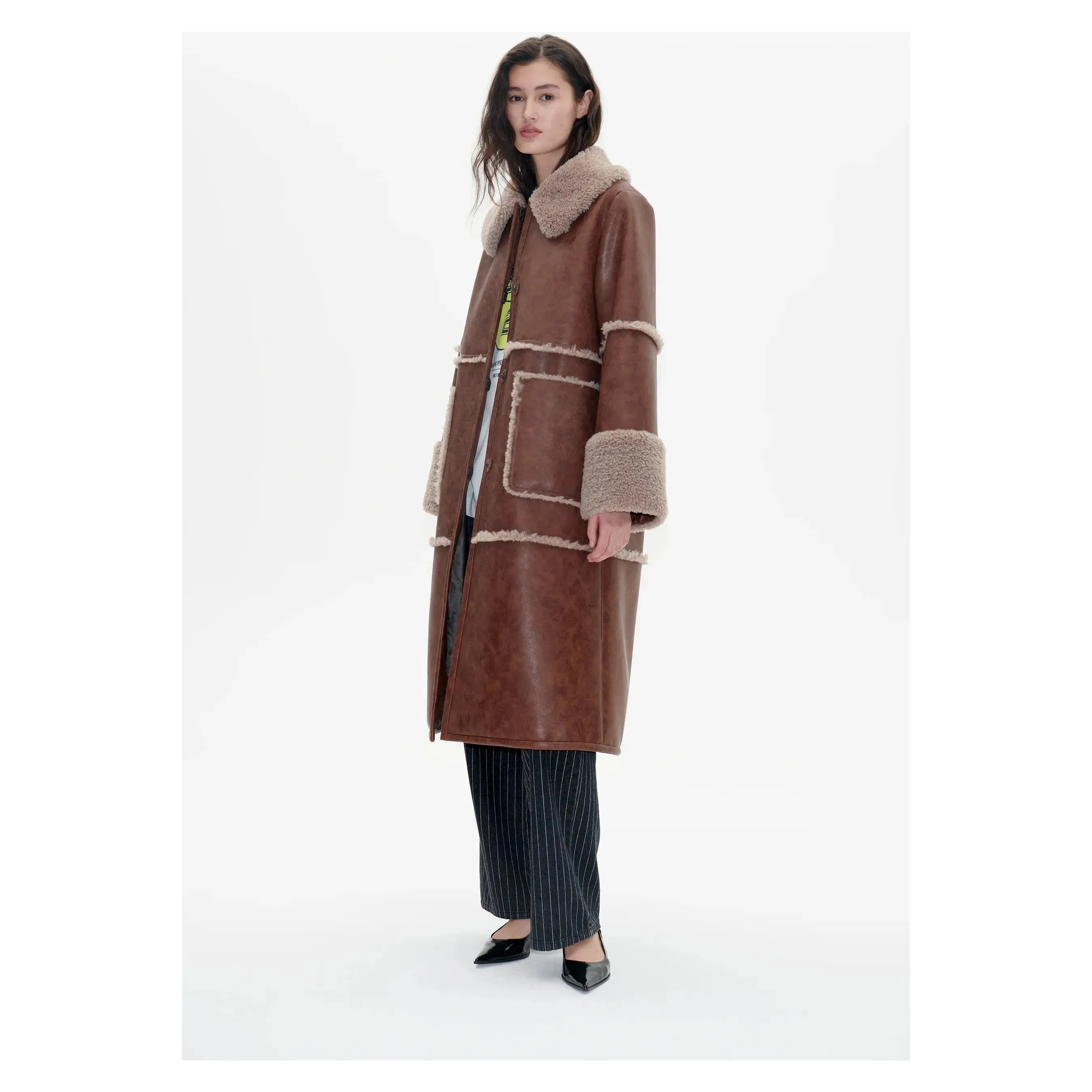 Dafne Shearling Detail Coat Washed Brown