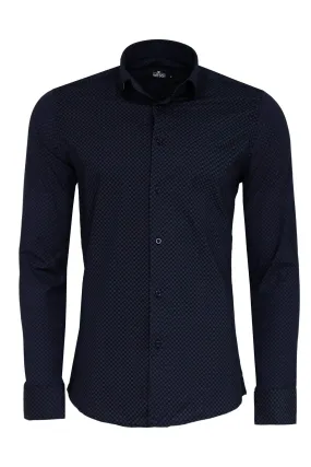 Dark Blue Tiny Check Patterned Slim Fit Shirt - Wessi