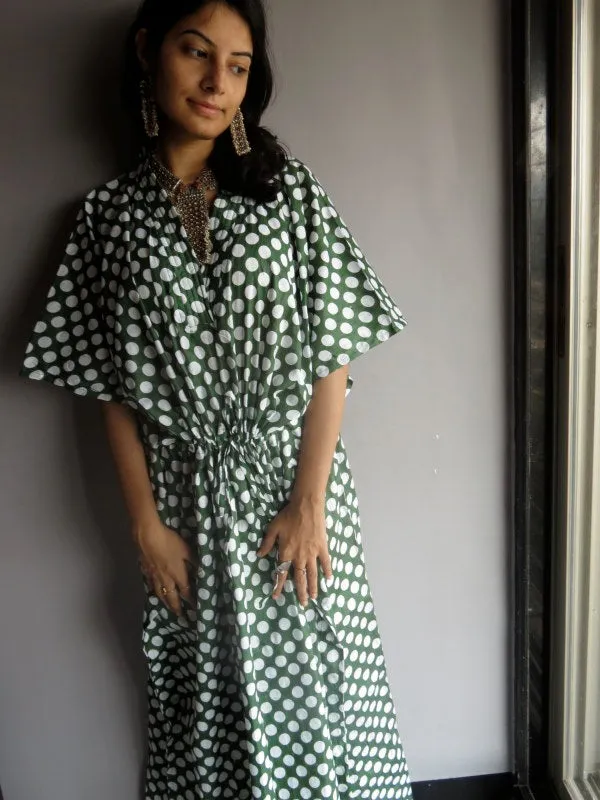 Dark Green Polka Dots V-Neck, Ankle Length, Cinched Waist Caftan