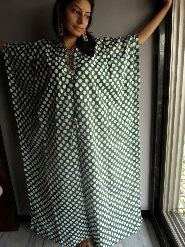 Dark Green Polka Dots V-Neck, Ankle Length, Cinched Waist Caftan