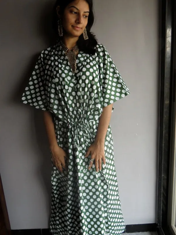 Dark Green Polka Dots V-Neck, Ankle Length, Cinched Waist Caftan