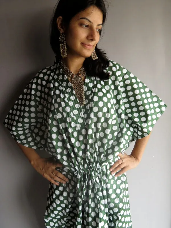 Dark Green Polka Dots V-Neck, Ankle Length, Cinched Waist Caftan