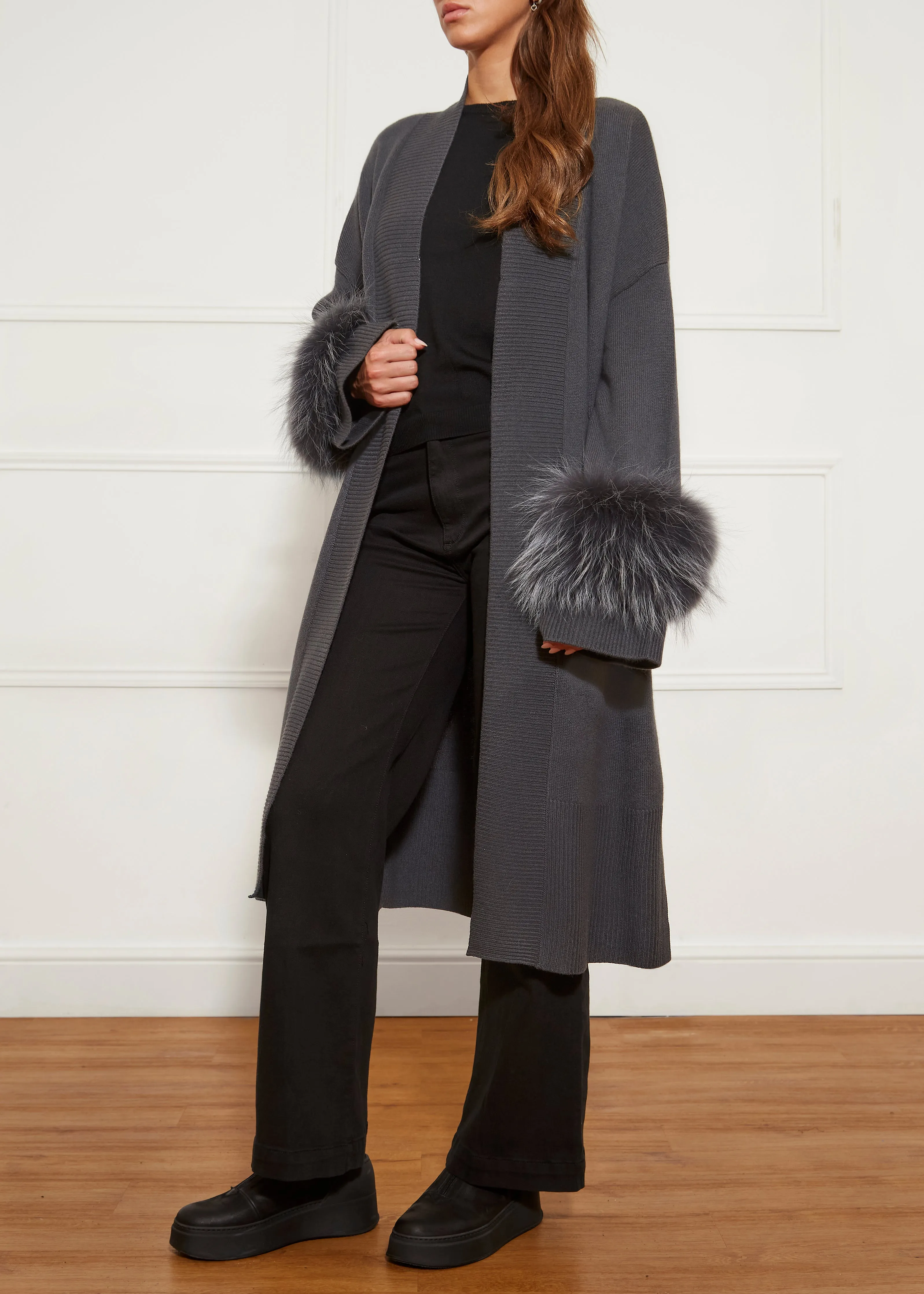 Dark Grey Fur Trim Cashmere Blend Cardigan