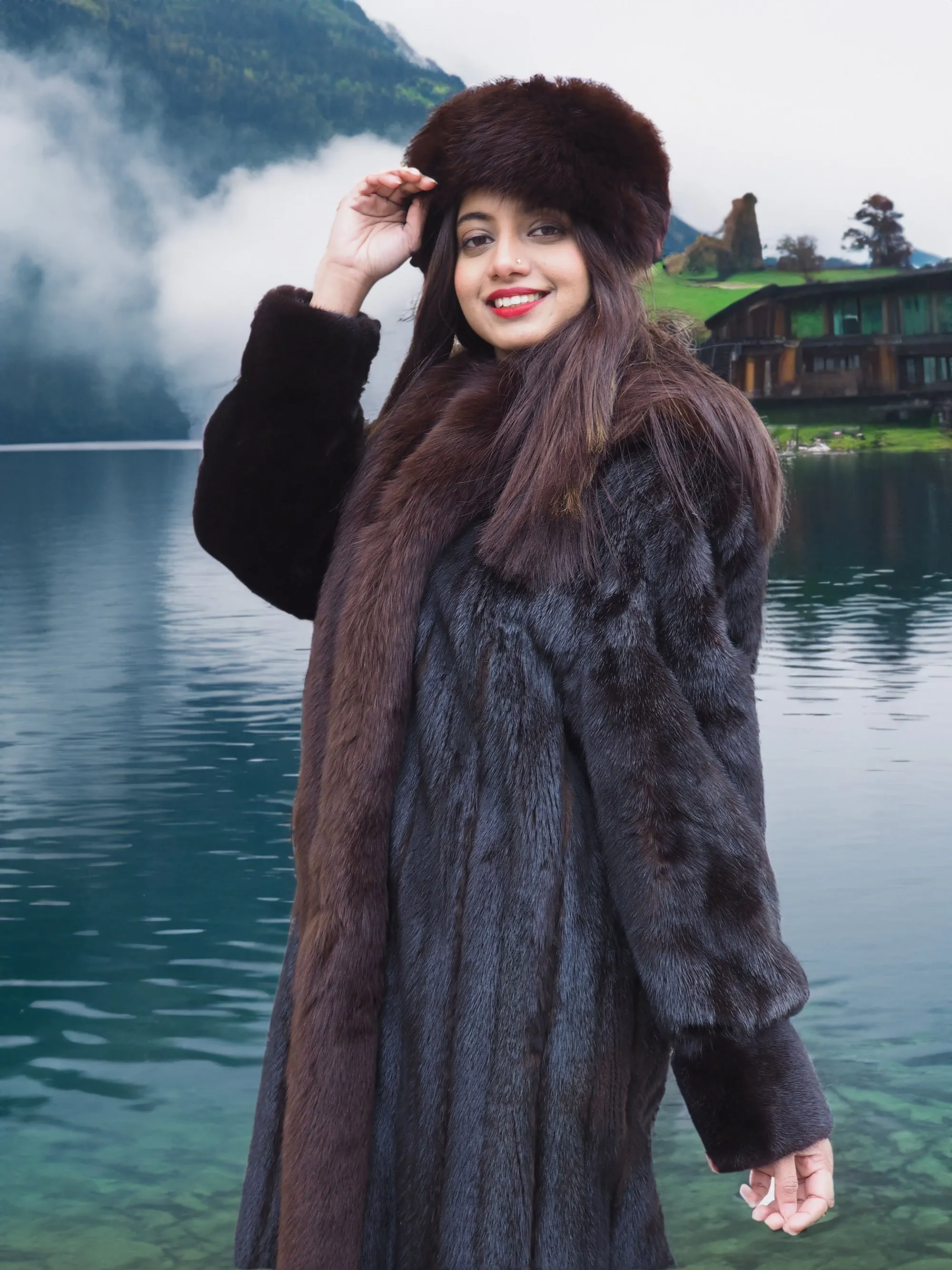 Dark Ranch Mahogany Mink Fur Coat With Brown Fox Trim Detachable Hood M/L