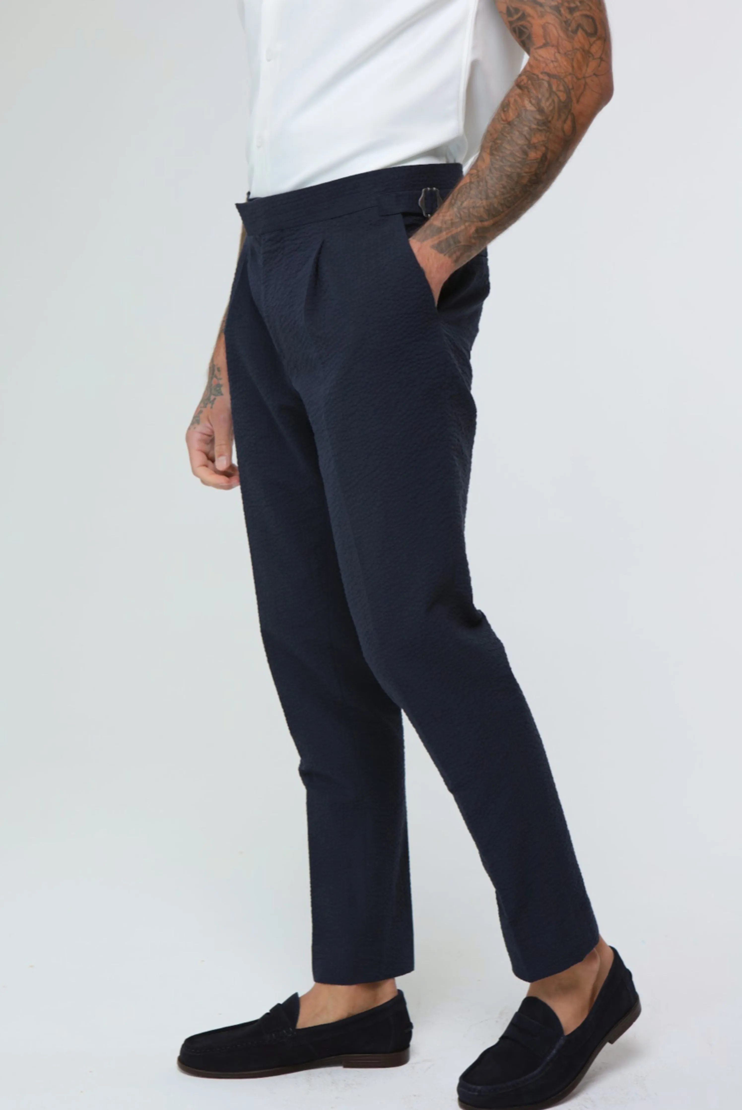 DEAKIN Cotton Linen Seersucker Trouser Navy Blue