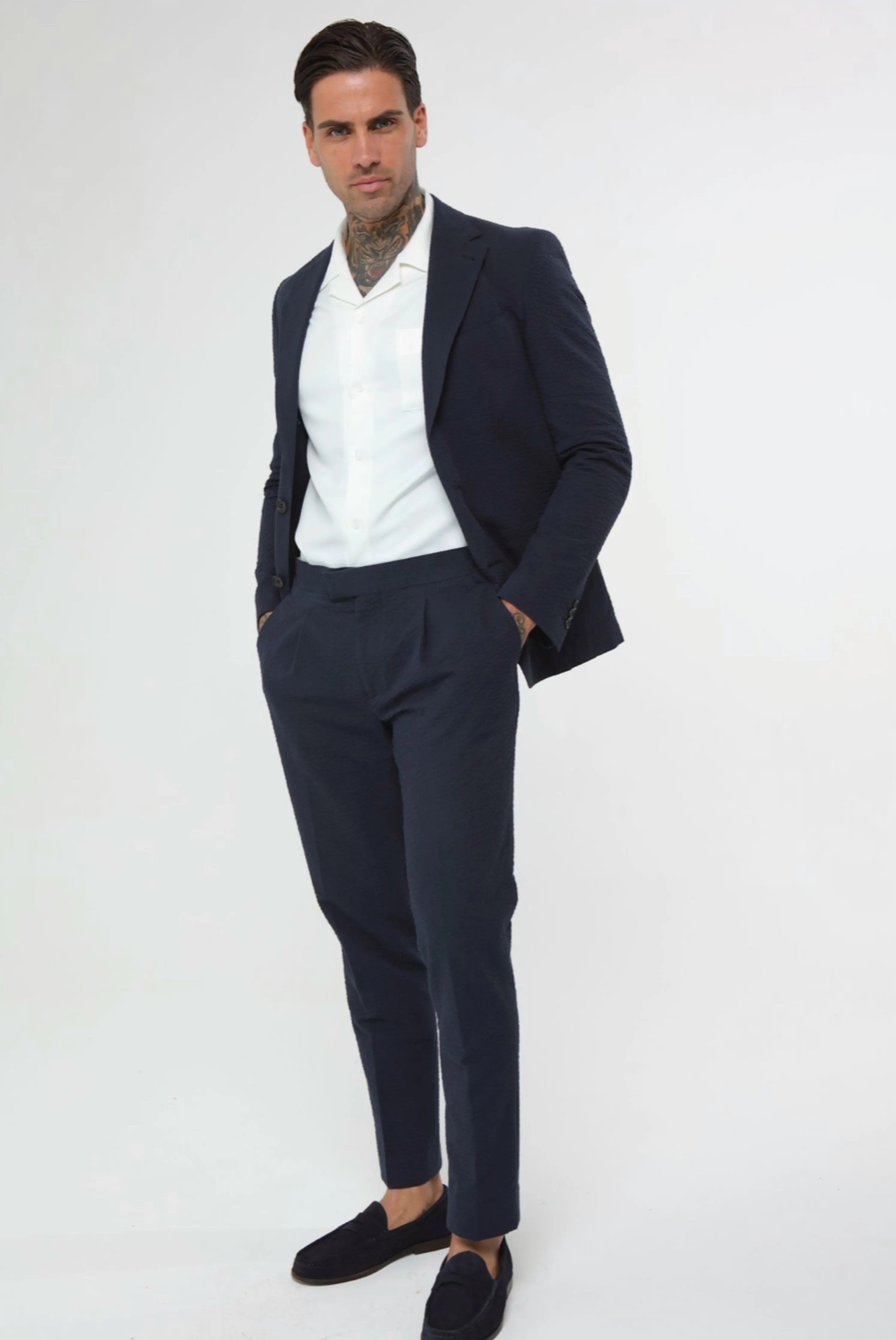 DEAKIN Cotton Linen Seersucker Trouser Navy Blue