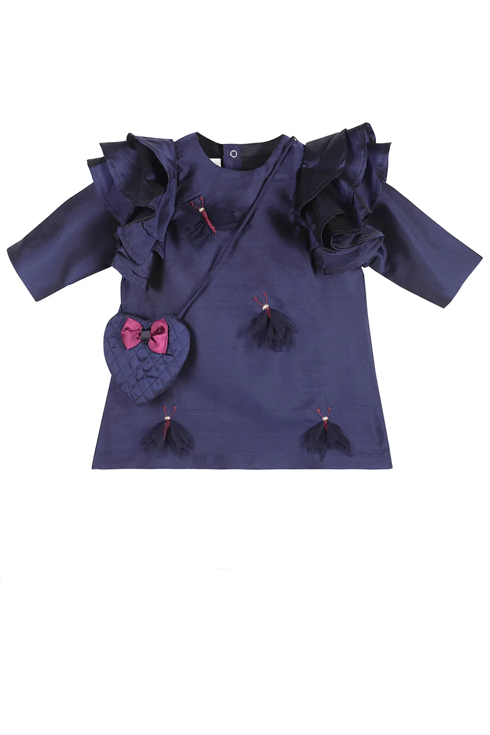 Deep blue butterflies embellished dress with a sling bag