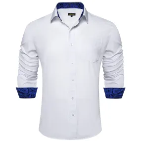 DiBanGu White Solid Splicing Blue Paisley Silk Mens Long Sleeve Shirt