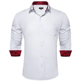 DiBanGu White Solid Splicing Dark Red Paisley Silk Mens Long Sleeve Shirt