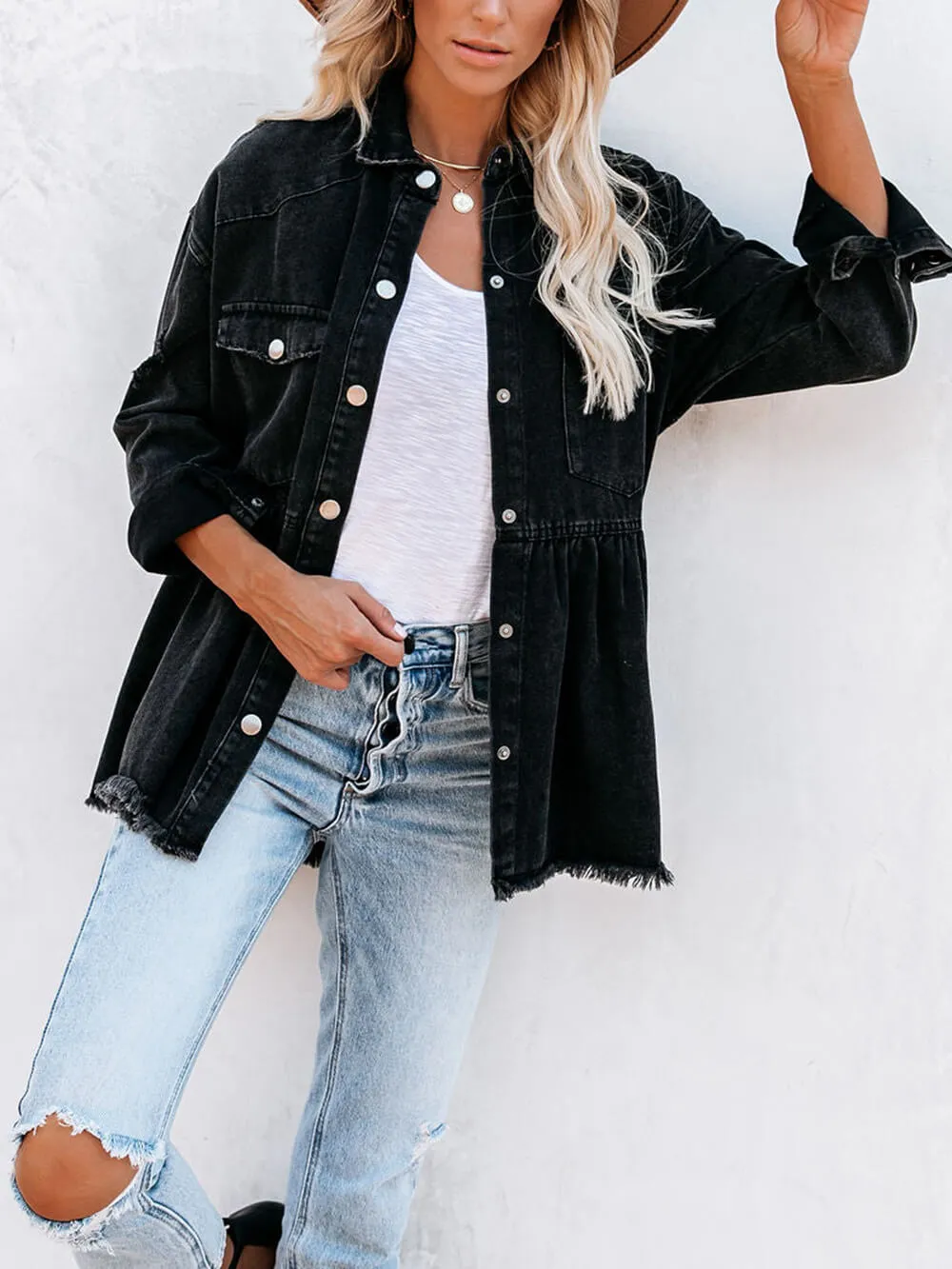 Distressed Denim Button Down Shirt Jacket