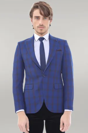 Double Breasted Pointed Collar Plaid Bast Blue Jacket-Wessi