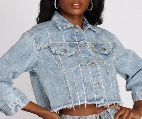 Drippin' In Rhinestones Crop Denim Jacket