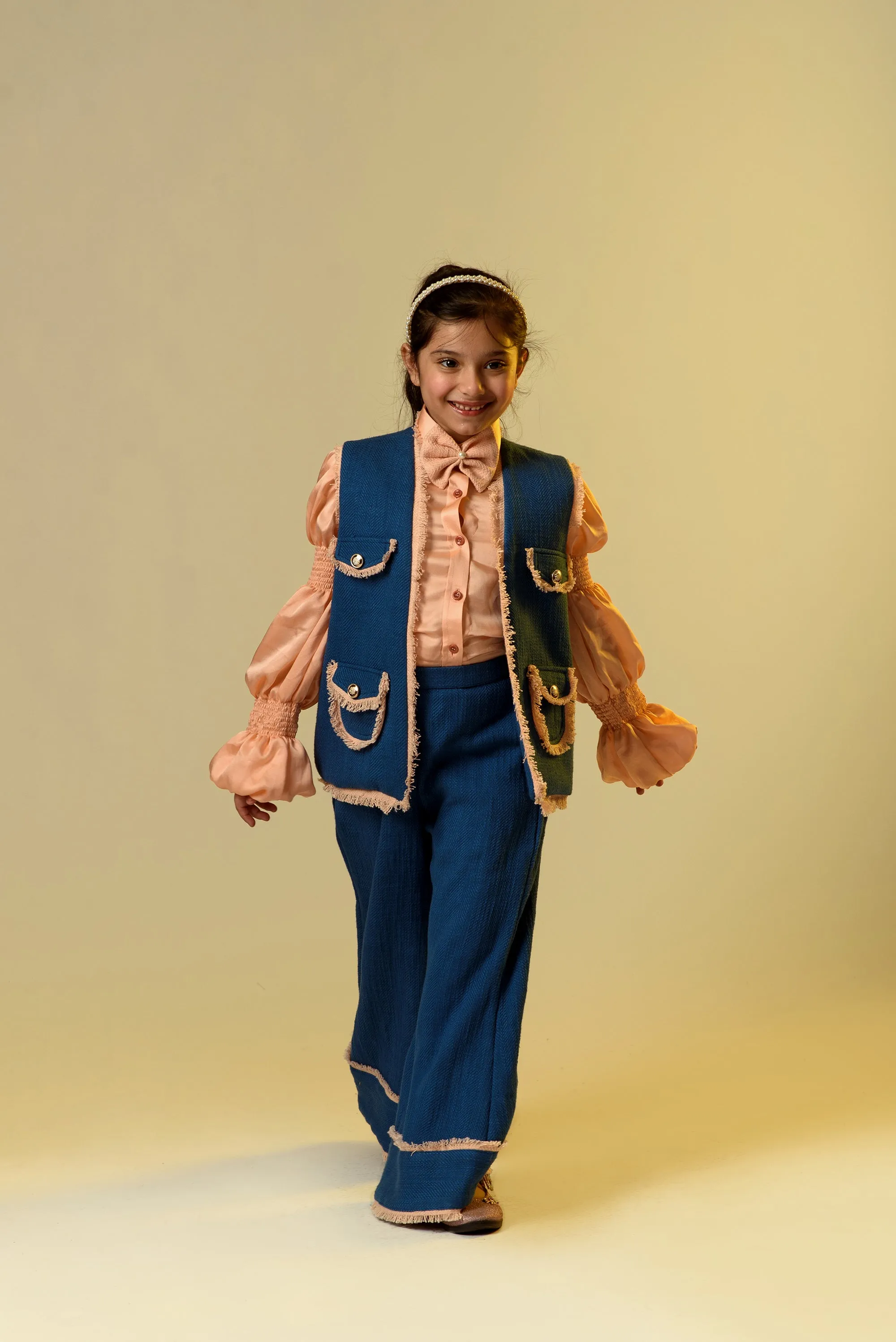 Evening Ebb- Cotton Slub Flared Trousers & Jacket With German Satin Shirt For Girls