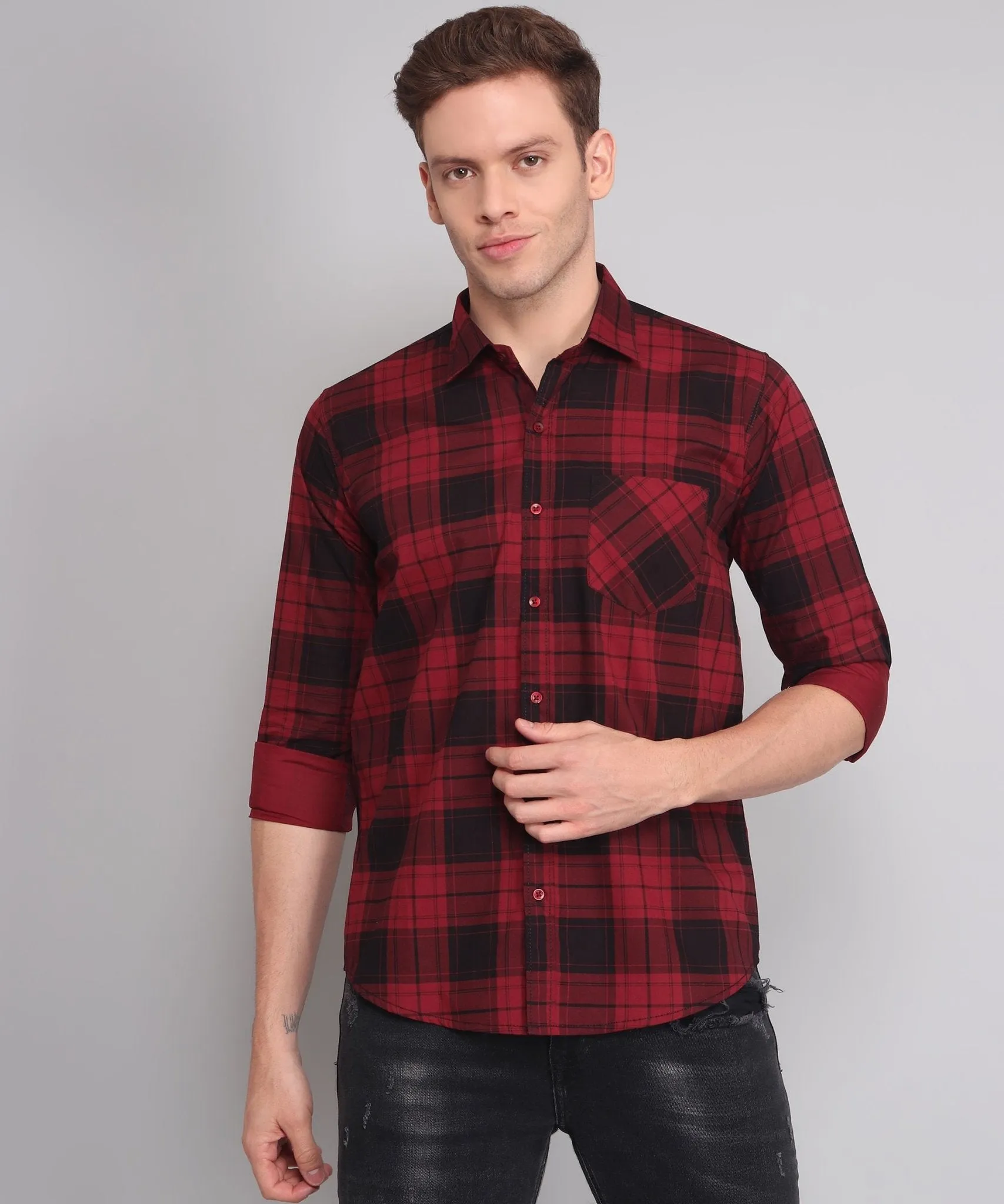 Exclusive TryBuy Premium Black Red Checks Button-Up Shirt for Men