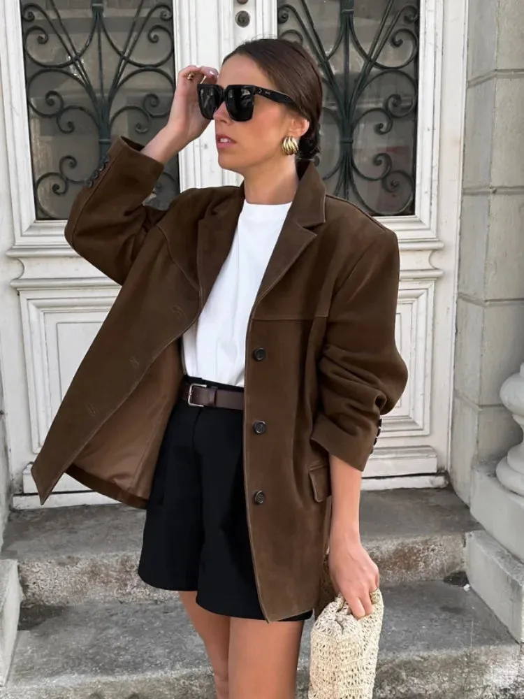 Fashion Brown With Double Pocket Blazer Jacket Woman Single Breasted Long Sleeve Short Coat Lady Autumn High Street Outwear