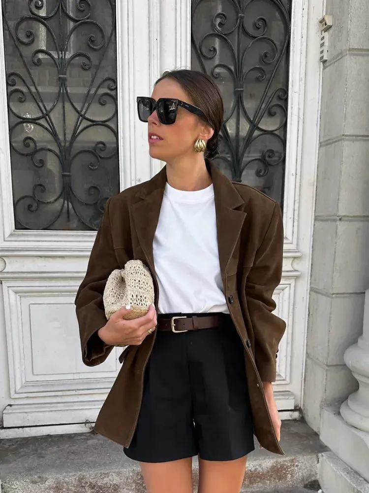 Fashion Brown With Double Pocket Blazer Jacket Woman Single Breasted Long Sleeve Short Coat Lady Autumn High Street Outwear