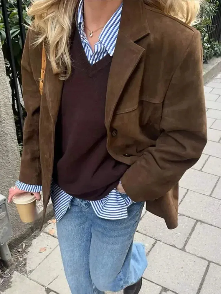 Fashion Brown With Double Pocket Blazer Jacket Woman Single Breasted Long Sleeve Short Coat Lady Autumn High Street Outwear