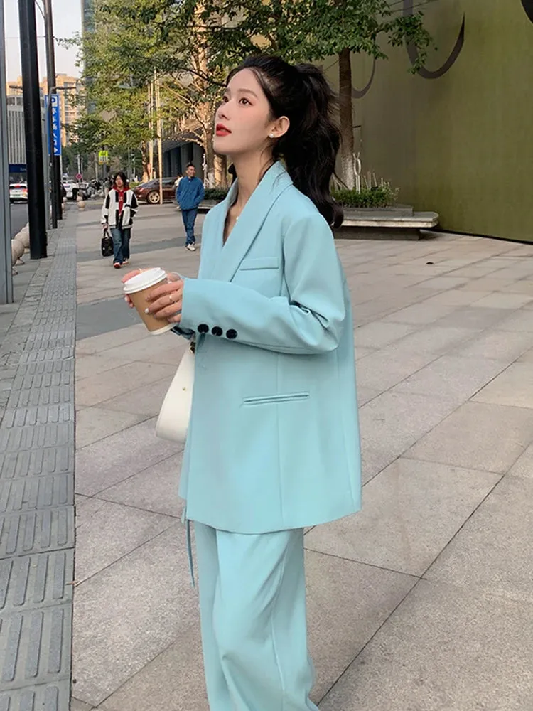 Fashionkova Blue Casual Blazer For Women Notched Long Sleeves Single Button Lace-up Gathered Waist Coat 2024 New Clothing 2Z1398