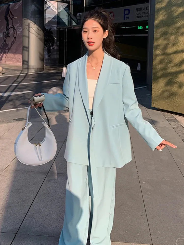 Fashionkova Blue Casual Blazer For Women Notched Long Sleeves Single Button Lace-up Gathered Waist Coat 2024 New Clothing 2Z1398