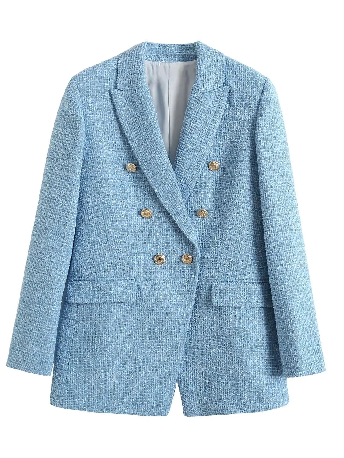 Fashionkova Women Fashion Blue Tweed Blazer Jacket 2025 New Office Lady Double Breasted Pockets Vintage Female Coat Chic Streetwear Christmas gift Christmas outfit