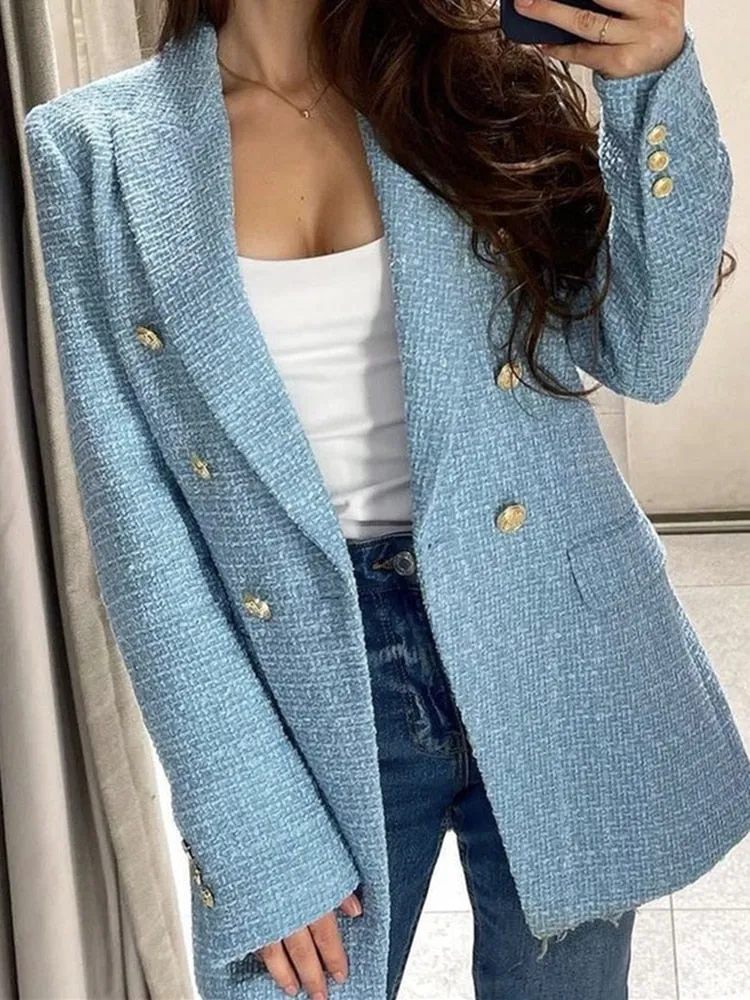 Fashionkova Women Fashion Blue Tweed Blazer Jacket 2025 New Office Lady Double Breasted Pockets Vintage Female Coat Chic Streetwear Christmas gift Christmas outfit