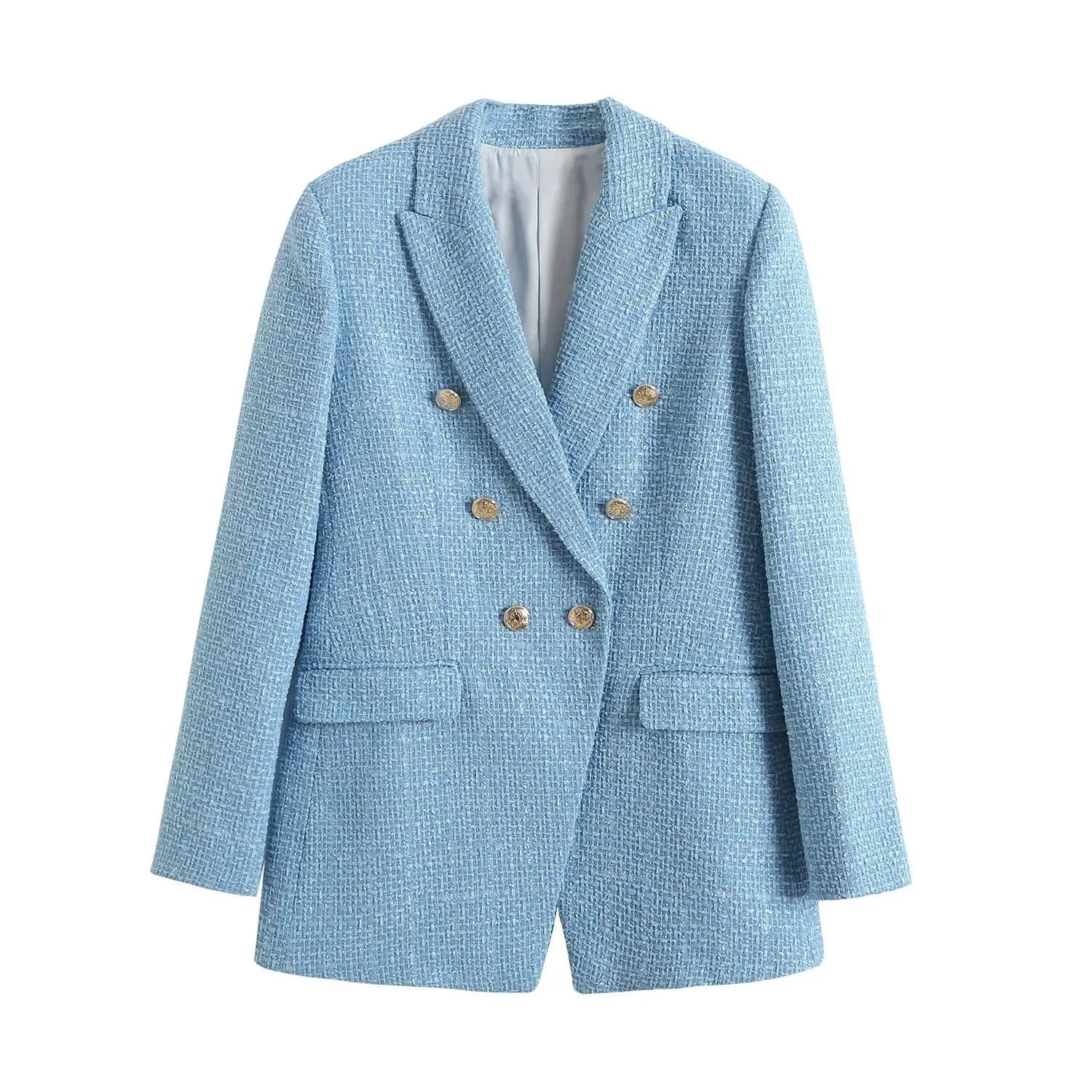 Fashionkova Women Fashion Blue Tweed Blazer Jacket 2025 New Office Lady Double Breasted Pockets Vintage Female Coat Chic Streetwear Christmas gift Christmas outfit