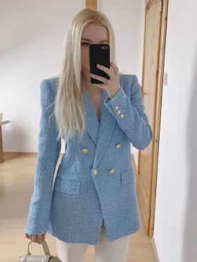 Fashionkova Women Fashion Blue Tweed Blazer Jacket 2025 New Office Lady Double Breasted Pockets Vintage Female Coat Chic Streetwear Christmas gift Christmas outfit