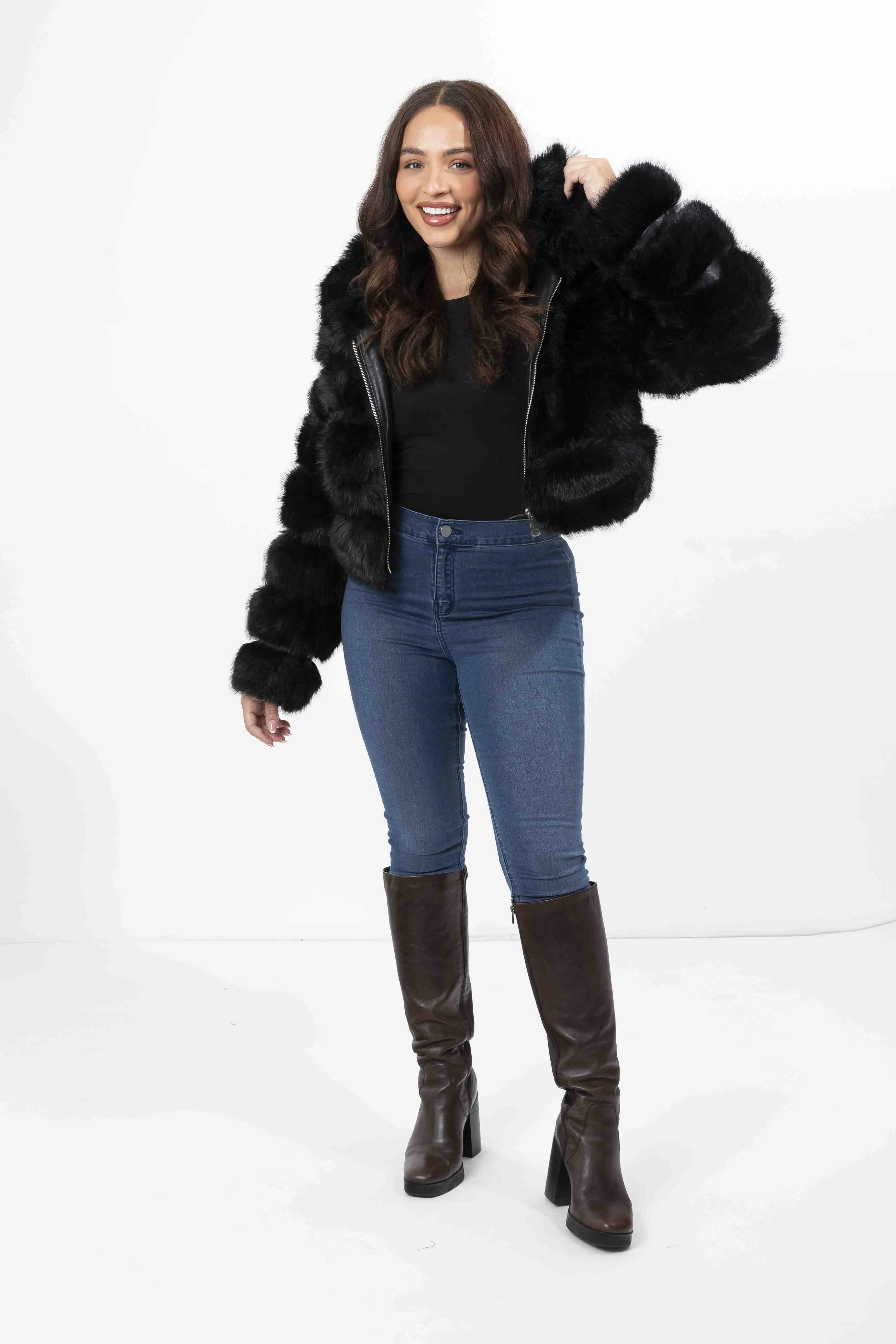 Faux Fur and Vegan Leather Stripes Hooded Cropped Jacket