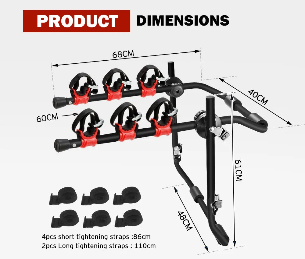 Fieryred 3 Bike Rack Bicycle Carrier Car Rear Universal Trunk Foldable