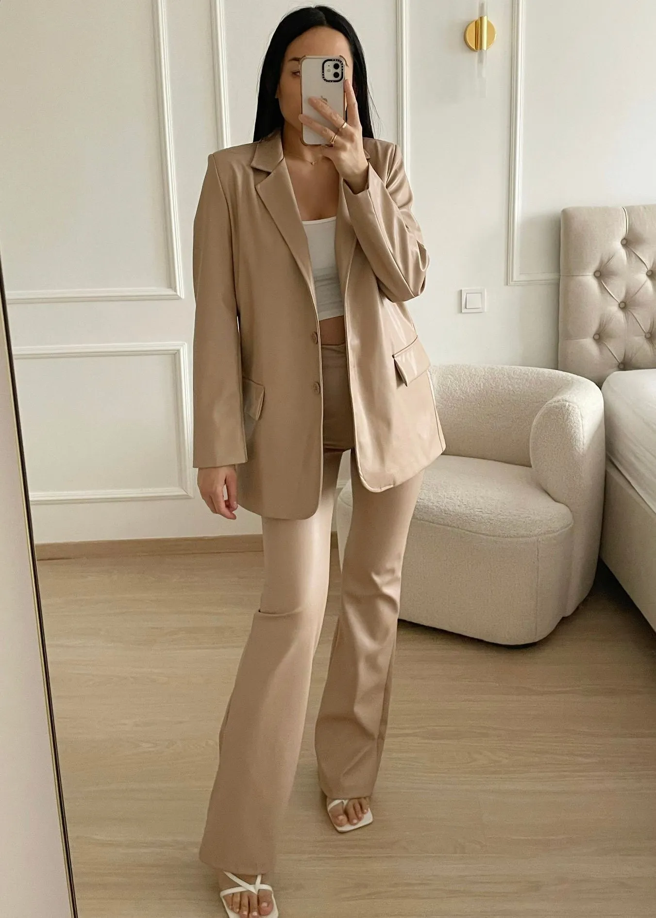 Flared pants leatherlook nude