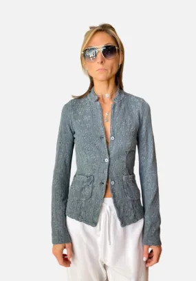 Floral Cotton Linen Jacquard Knitted Jacket - Blue