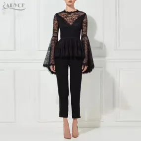 Floral Lace Long Flared Sleeves Women Set