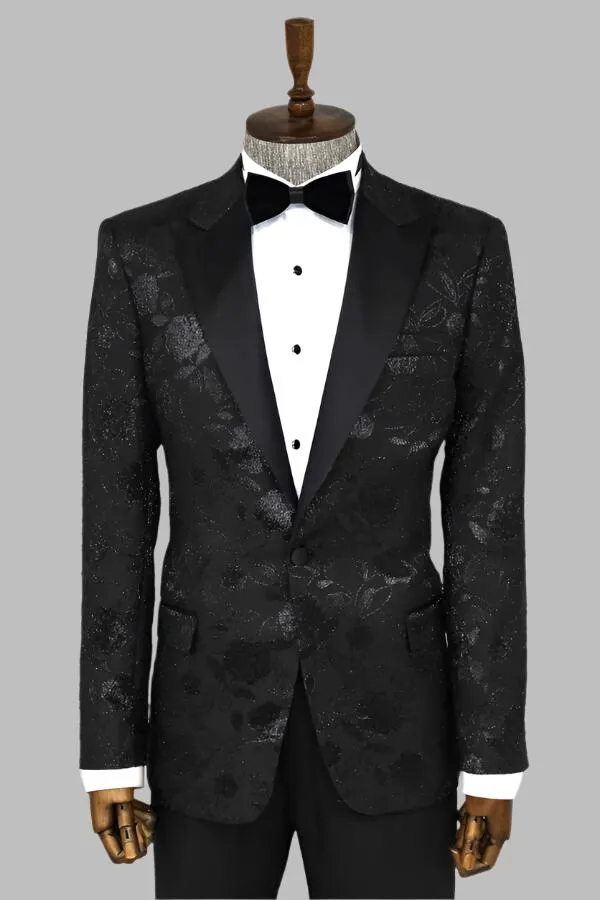 Floral Patterned Black Men Tuxedo Blazer - Wessi