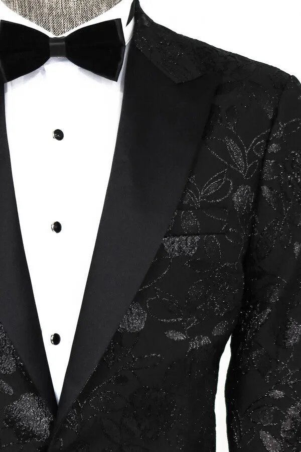 Floral Patterned Black Men Tuxedo Blazer - Wessi